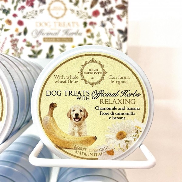 Dolci Impronte - Dog Treats Erbe Officinali - Confezione 12 Scatole latta 40gr - Relaxing con fiori di camomilla e banana